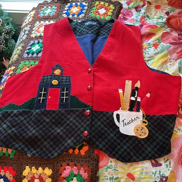 Adorable, Vintage Red Teacher Themed Corduroy Vest - Picture 6 of 7